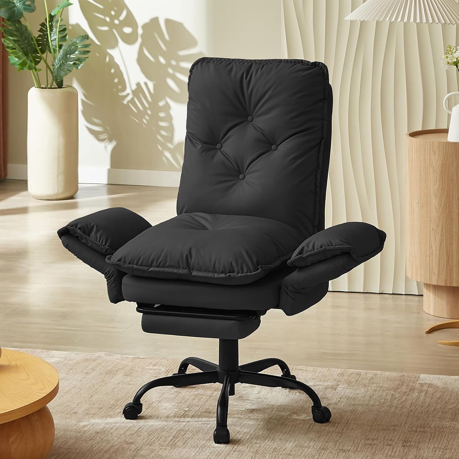 Bestier Cross Legged Office Chair with Footrest, High Back Criss Cross Chair with Reversible Armrests and Wheels, Big and Tall Reclining Office Chair for Home PU Leather Black