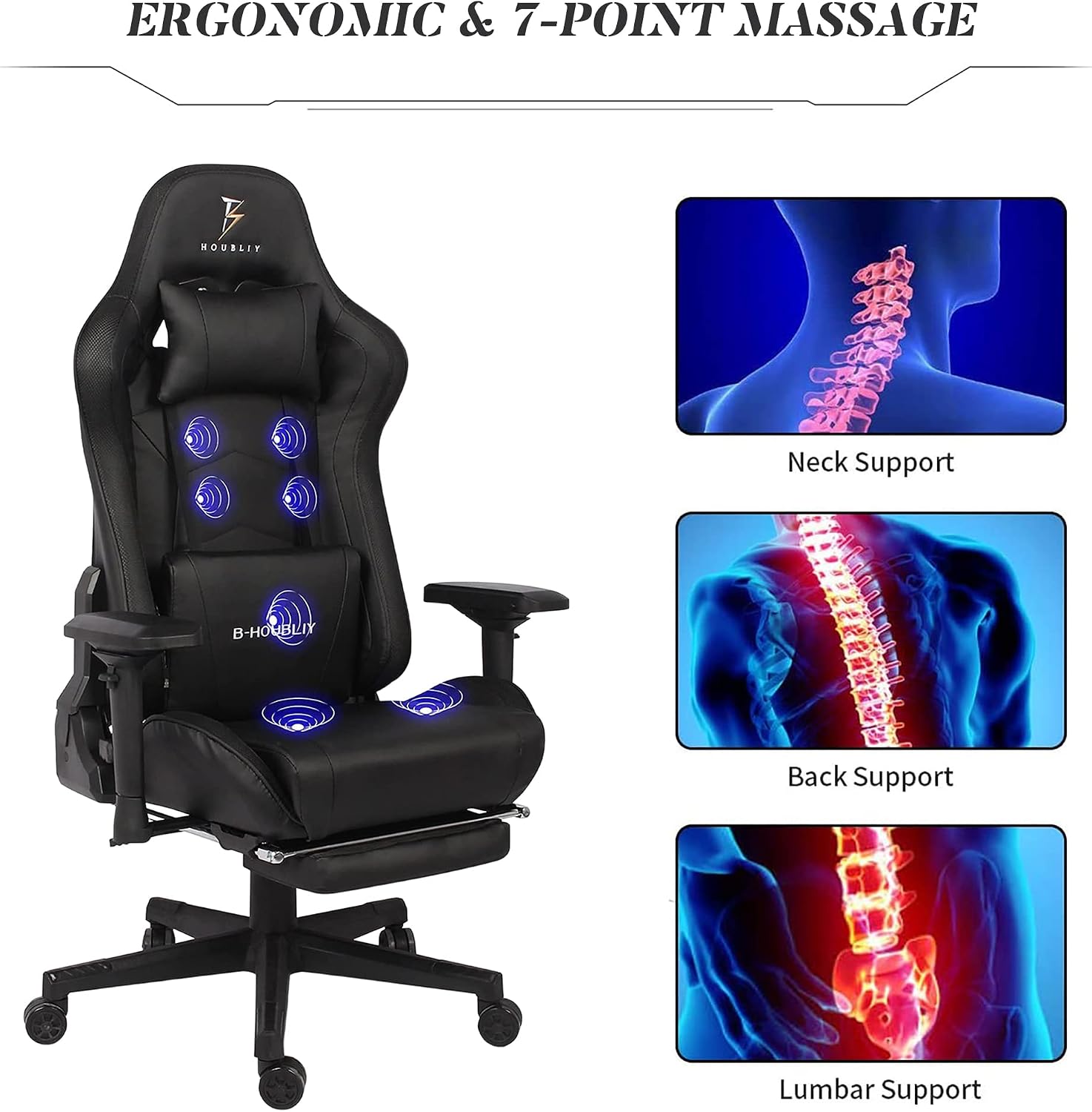 Massage Gaming Chairs with Footrest Video Game Chairs with Speakers and RGB Lights, Ergonomic High Back Computer Chair with Lumbar Support and 4D Handrail PU Leather Gaming Recliner Chair,Black