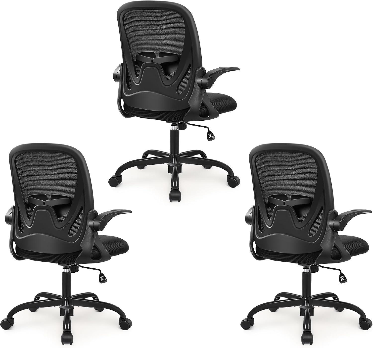 Primy 3-Pack Office Chair Ergonomic Desk Chair with Flip up Armrests Swivel Breathable Desk Mesh Computer Chair with Adjustable Lumbar Support and Height for Conference Room (Black)