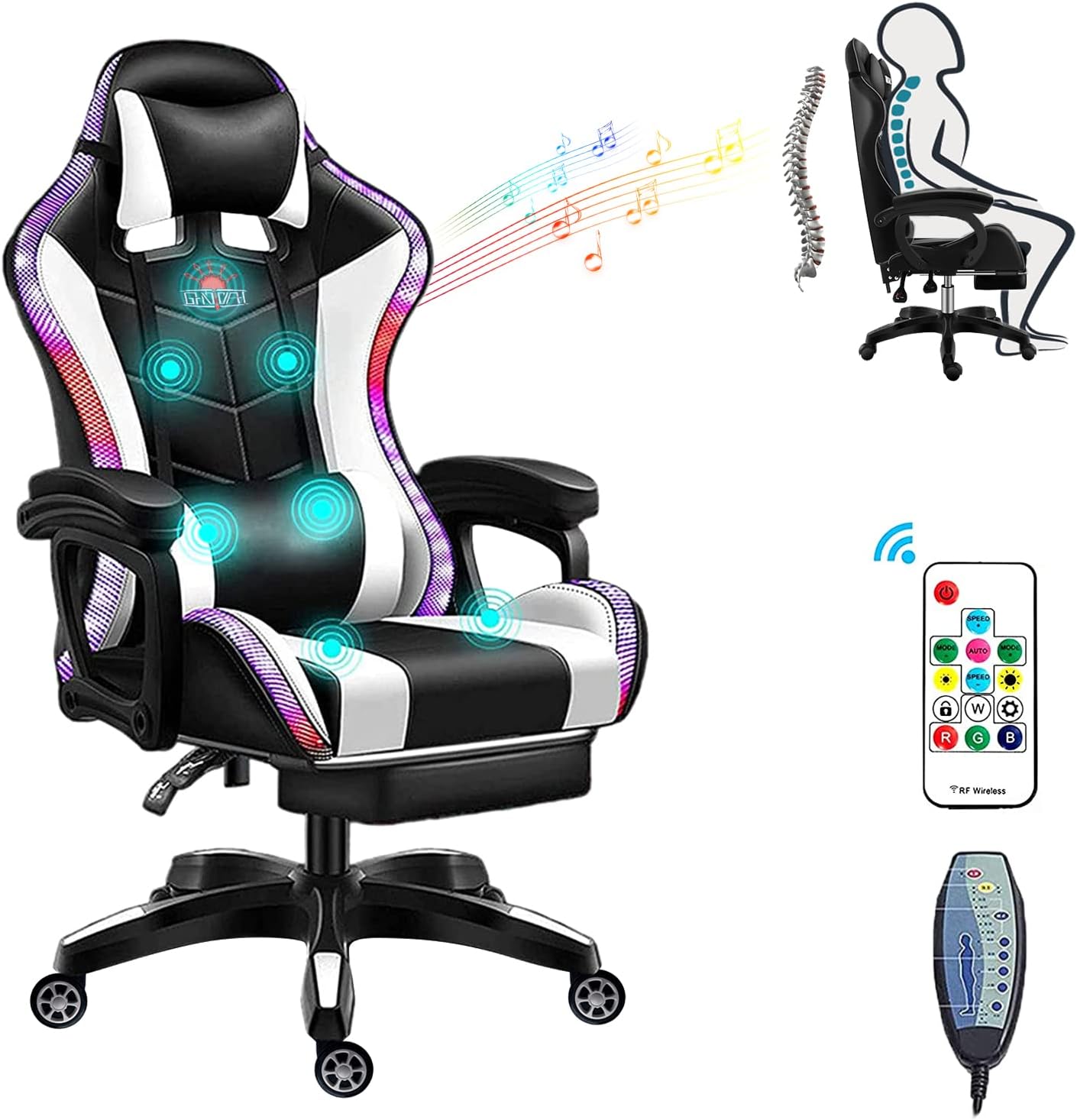 XOOFMASS RGB Gaming Chair with Massage and Footrest Large Ergonomic Computer Desk Chair Video Gaming Chair with Speakers and LED Light Effect, 90°-135° Adjustable Reclining Gamer Chair,White