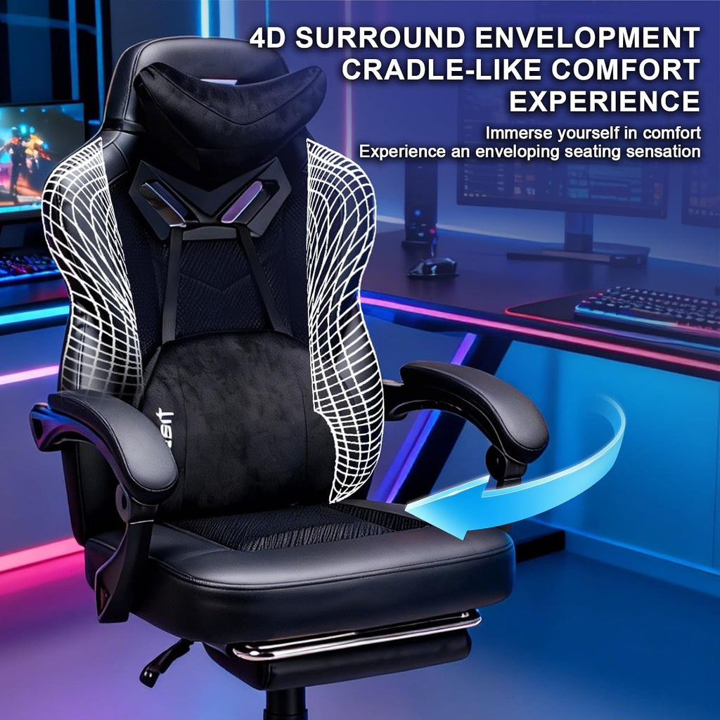Vigosit Gaming Chair PRO, Ergonomic Gaming Chairs for Adults Heavy People, Massage Reclining Office Desk Computer Chair with Footrest and Lumbar Support, Big Tall Mesh Gamer Chair with Cushion (Black)