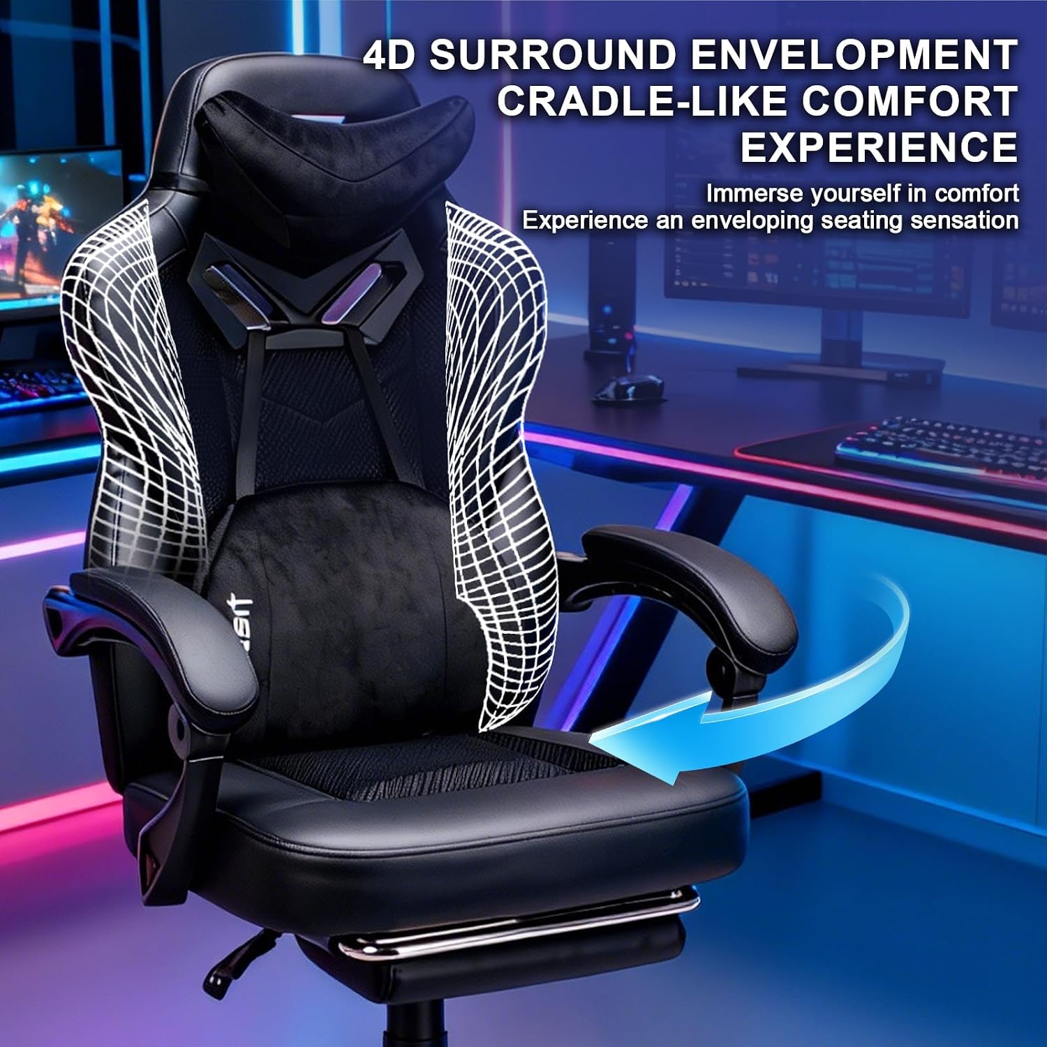 Vigosit Gaming Chair PRO, Ergonomic Gaming Chairs for Adults Heavy People, Massage Reclining Office Desk Computer Chair with Footrest and Lumbar Support, Big Tall Mesh Gamer Chair with Cushion (Black)