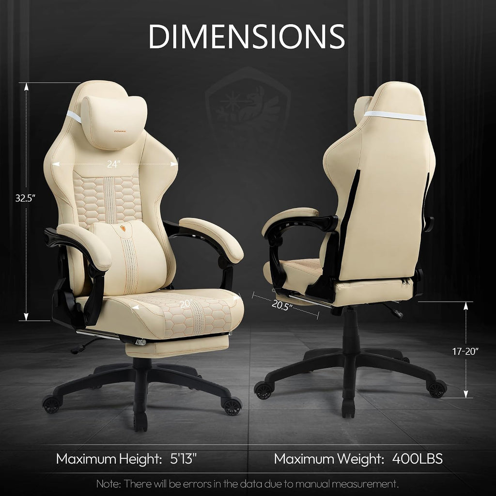 Dowinx Gaming Chair for Adults with Footrest, Reclining Gamer Chair with Massage Lumbar Support, Ergonomic Big and Tall Office Computer Chair 400LBS, High Back PU Leather Gaming Computer Chair,Ivory