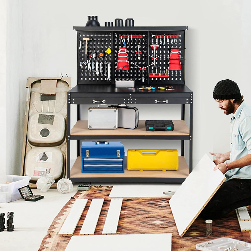 Goplus Work Bench with Storage, 48' x 24' Work Table with Pegboard, 2 Drawers, Hanging Accessories, Topping Space, 4-Tier Heavy Duty Metal Tool Storage Bench, Workbench for Garage, Workshop