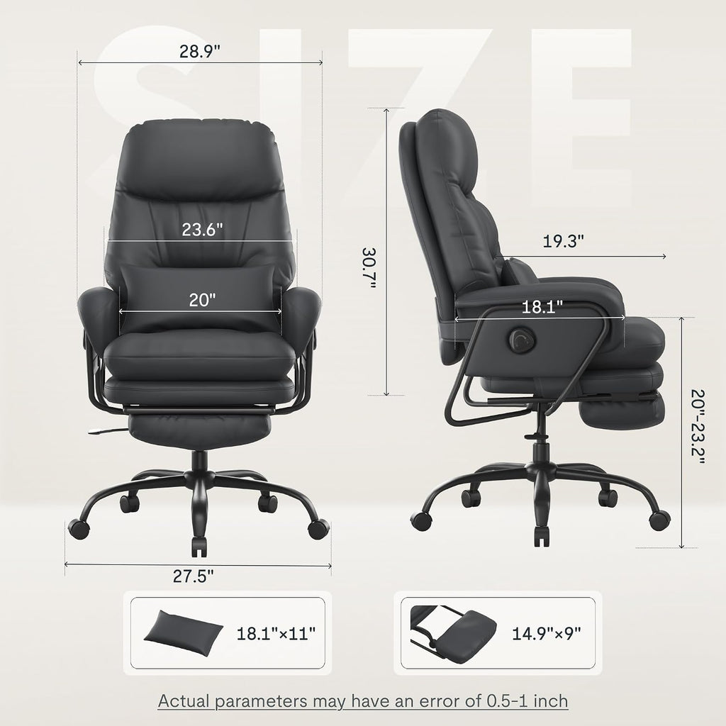 FLEXISPOT Ergonomic Office Chair with Footrest 90-165° Reclining High Back Desk Chairs Indoor Lounge Chair with Wheels Lumbar Support Pillow, Chairs for Working Relaxing Cross Legged, Leather, Black