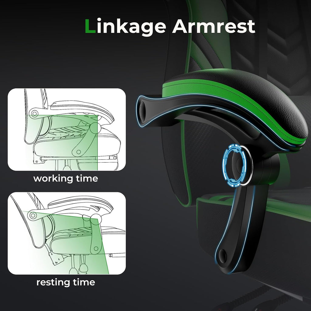 POWERSTONE Gaming Chair Video Game Chair with Footrest and Lumbar Support Racing Style PU Leather Computer Chair Ergonomic Adjustable Swivel Task Chair Green