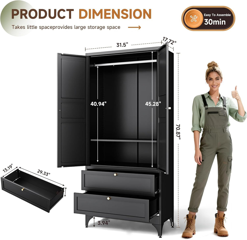 Letaya 71' Metal Wardrobe Cabinets with 2 Drawers,Steel Armoire Wardrobe Closet with Doors and Shelves,Clothing Storage Cabinets with Hanging Rod for Bedroom, Gym, Cloak Room,Black