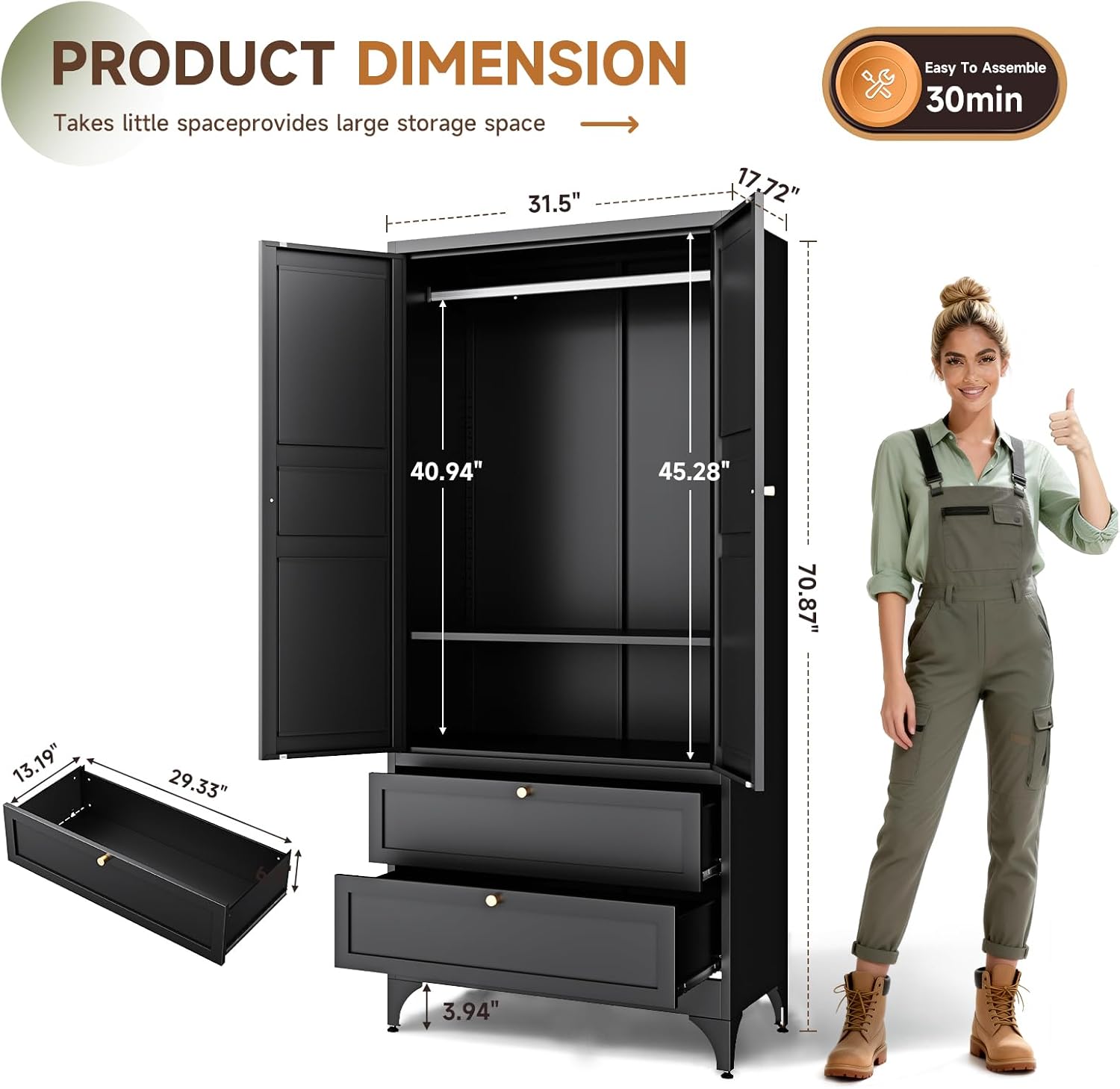 Letaya 71' Metal Wardrobe Cabinets with 2 Drawers,Steel Armoire Wardrobe Closet with Doors and Shelves,Clothing Storage Cabinets with Hanging Rod for Bedroom, Gym, Cloak Room,Black