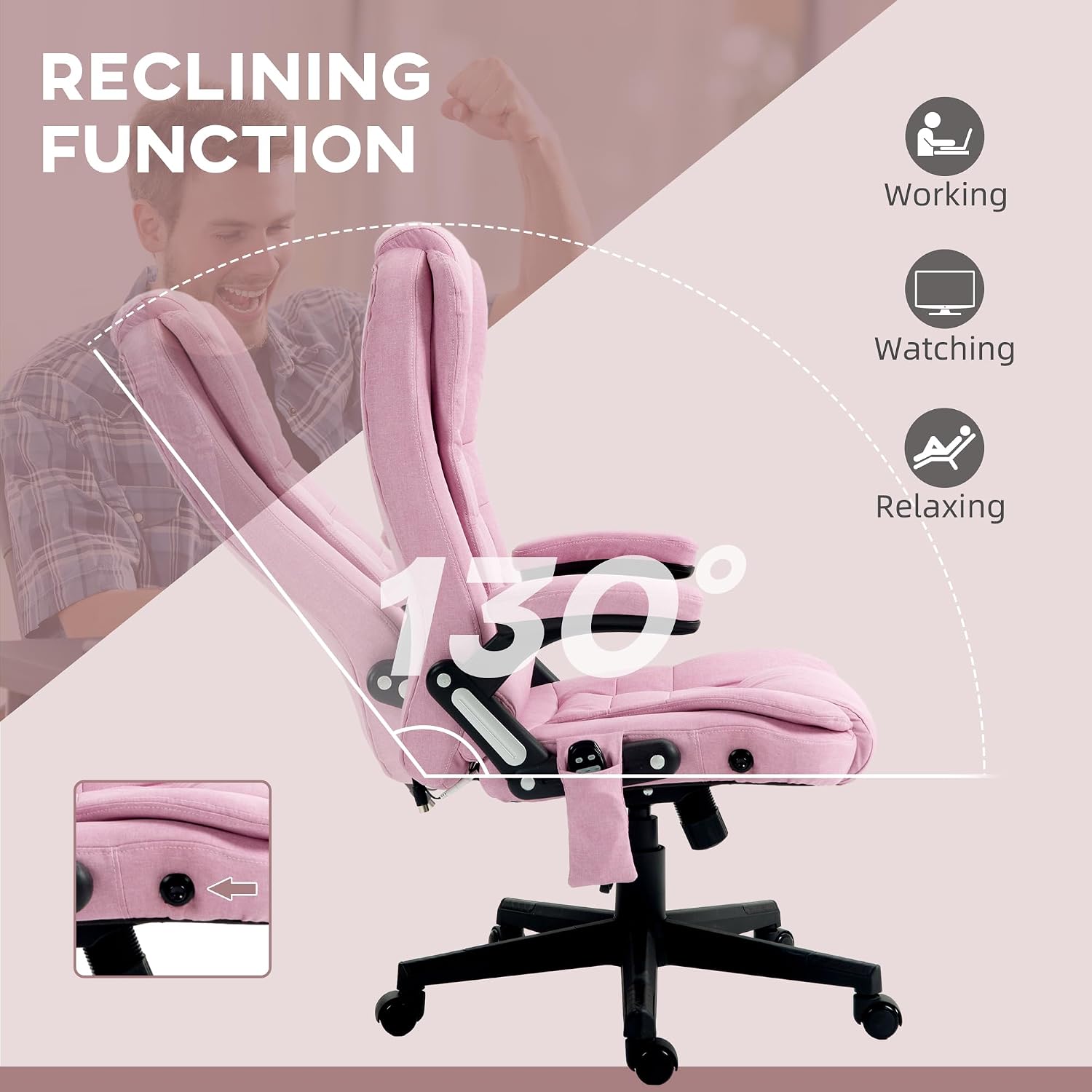 Vinsetto 6 Point Vibrating Massage Office Chair with Heat, Linen High Back Executive Office Chair with Reclining Backrest, Padded Armrests and Remote, Pink