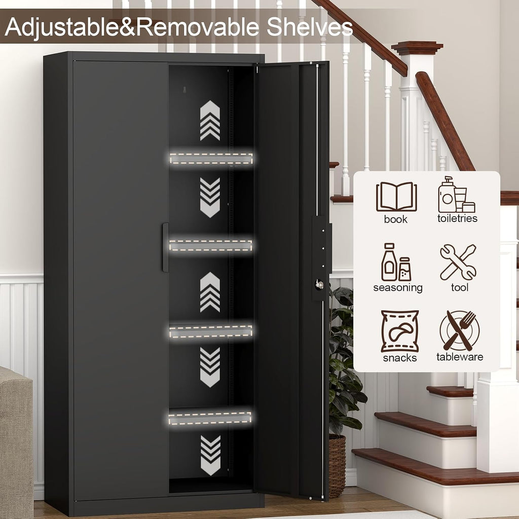 GREATMEET Metal Garage Storage Cabinets, 71' Tall Locking Cabinets with Doors and Shelves, Utility Cabinet with Lock for Garage, Home, Black