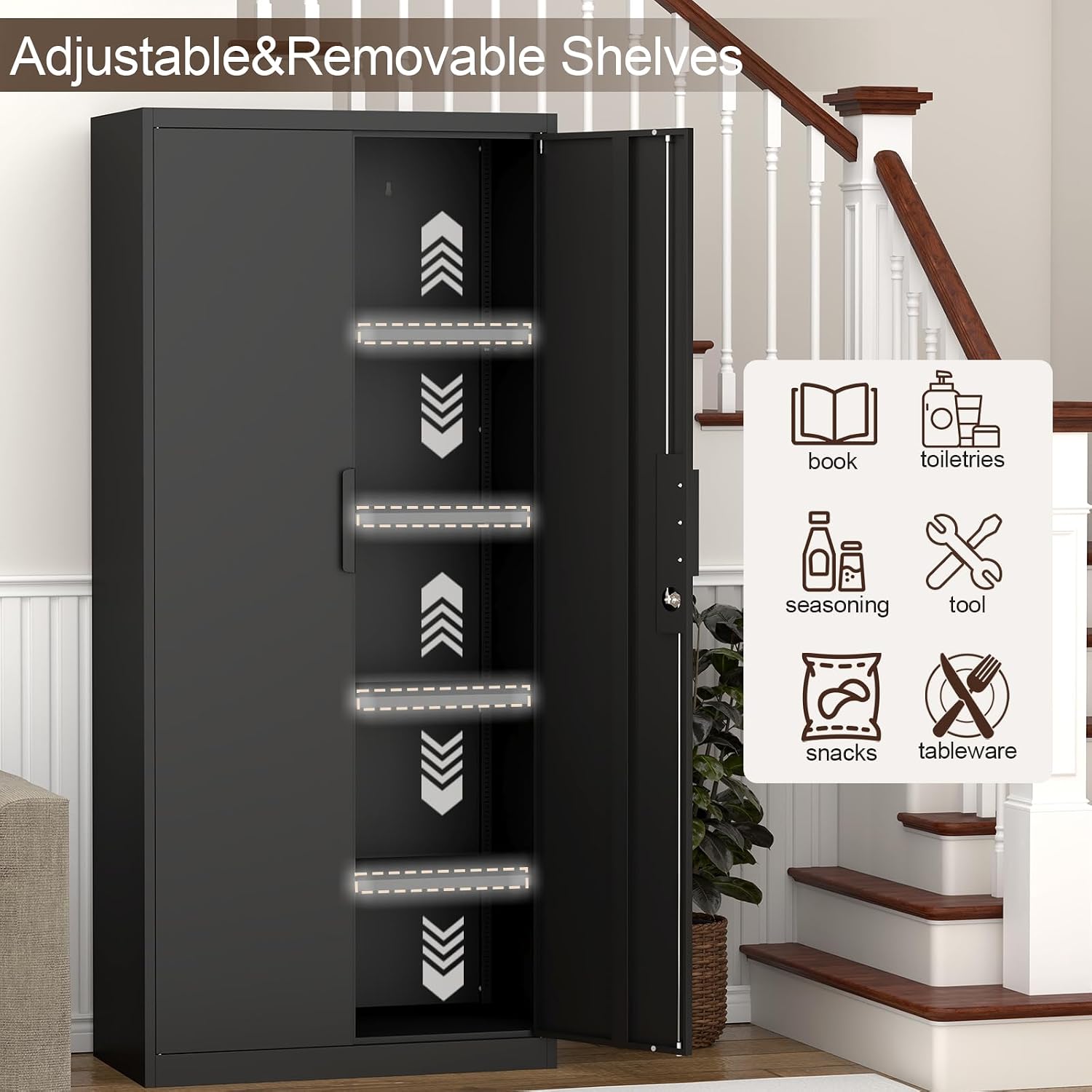 GREATMEET Metal Garage Storage Cabinets, 71' Tall Locking Cabinets with Doors and Shelves, Utility Cabinet with Lock for Garage, Home, Black