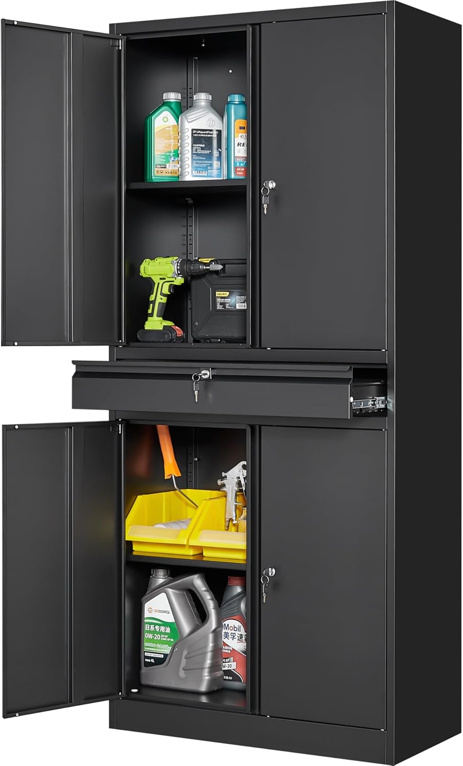 SISESOL Metal Garage Storage Cabinet with Drawer and Lock,Black Metal Storage Cabinet with Locking Doors and Adjustable Shelves,71' Tall Large Steel Tool Cabinets for Home,Office,Garage,Shop