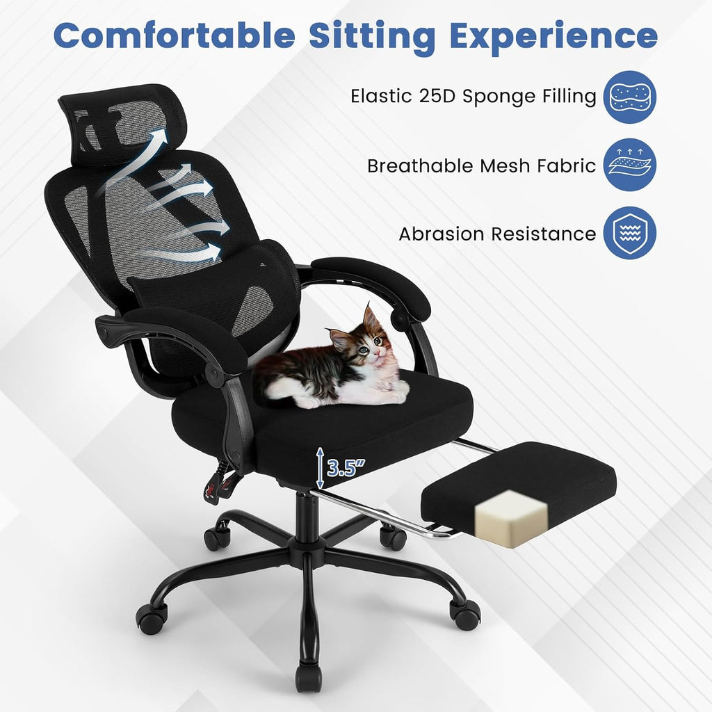 Giantex Mesh Office Chair, Ergonomic Desk Chair with Retractable Footrest, 135° Tilting Backrest, Adjustable Headrest & Lumbar Support, Padded Armrest, Computer Chair with High Back for Home Office