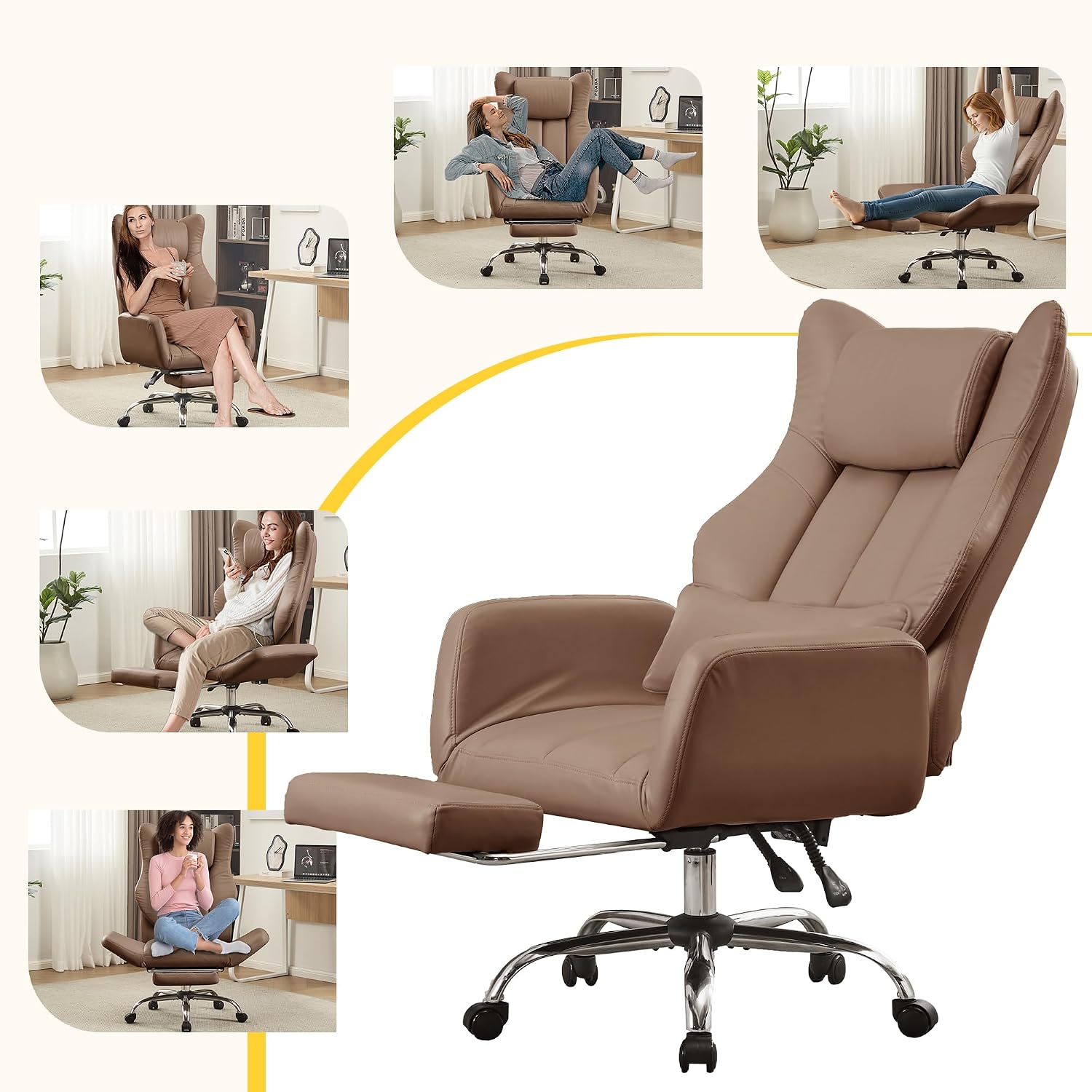 Ergonomic Cross Legged Office Chair with Footrest,Leather Big and Tall Executive Chair with Wheels,Reversible Armrest and Lumbar Pillow,155° Reclining Computer Wide Desk Chair for Home,Office (Brown)