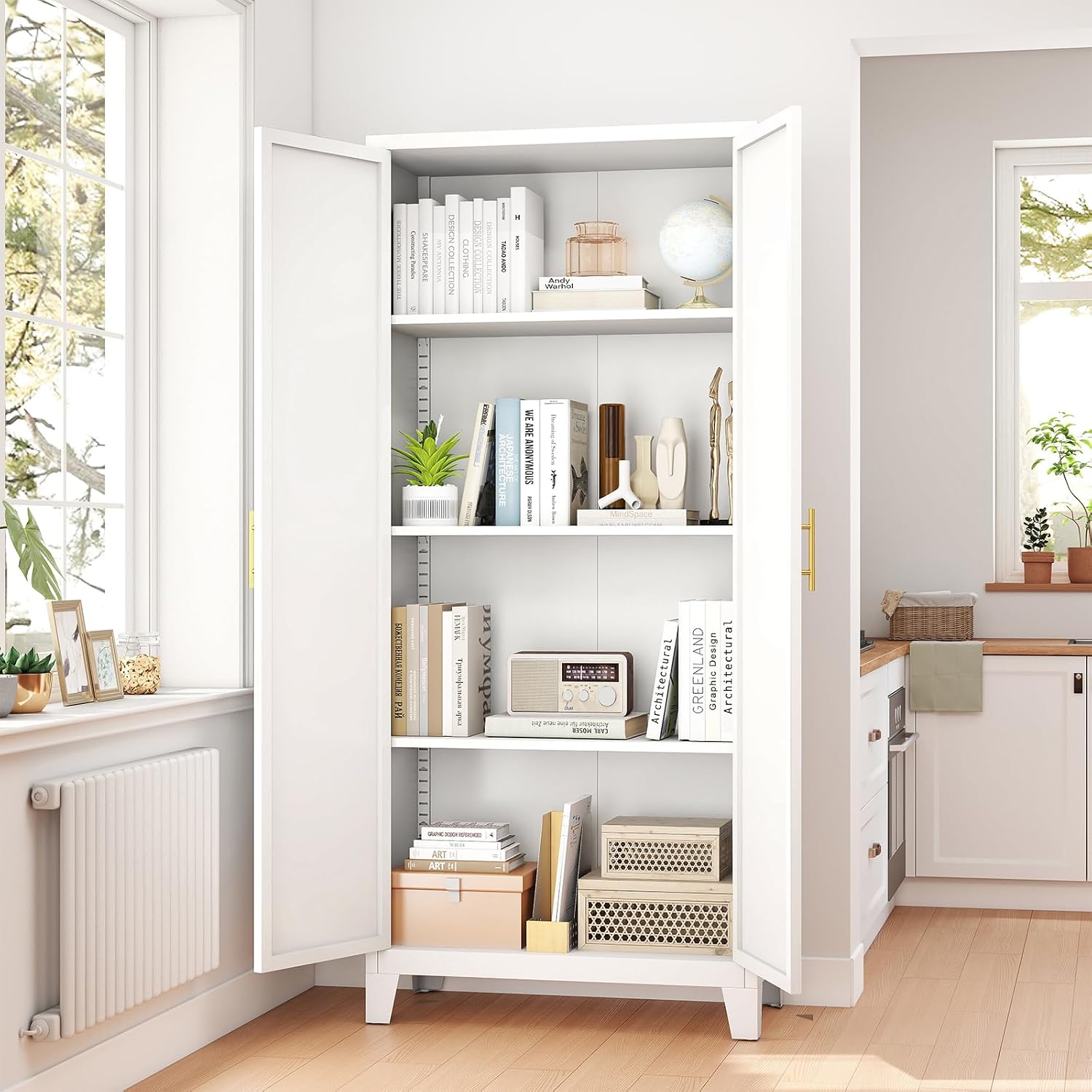 Zevemomo 61' H Metal Kitchen Pantry Cabinet, Freestanding Cupboard with 2 Doors and 3 Adjustable Shelves, Tall Metal Storage Cabinet for Kitchen, Bathroom, Dinning Room or Laundry Room （White）