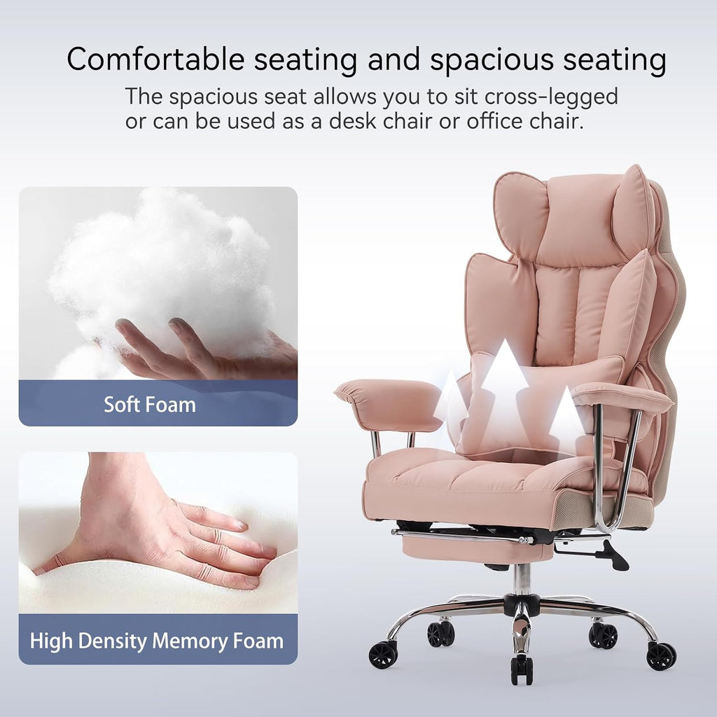 Efomao Big and Tall Office Chair, 400lbs Heavy Duty High Back Executive Chair with 23.6' Extra Wide Seat, PU Leather Desk Chair with Footrest and Padded Armrests, Pink
