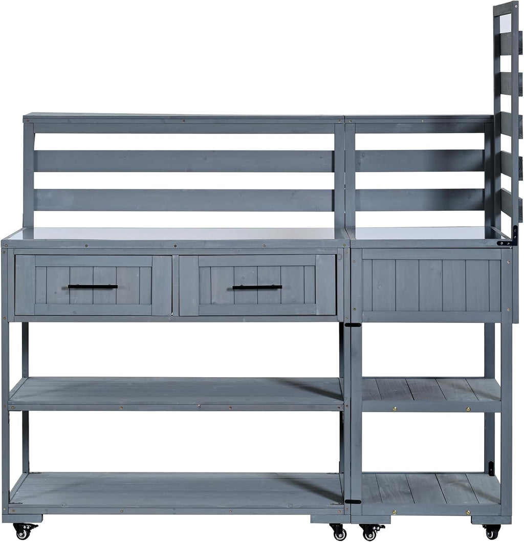 62.3'' Patio Kitchen Island, Solid Wood Kitchen Cart with Stainless Table Top, Garden Potting Bench with Raised Shelf and Drawers, Grill Prep Table for BBQ, Party (Gray-62.3'')