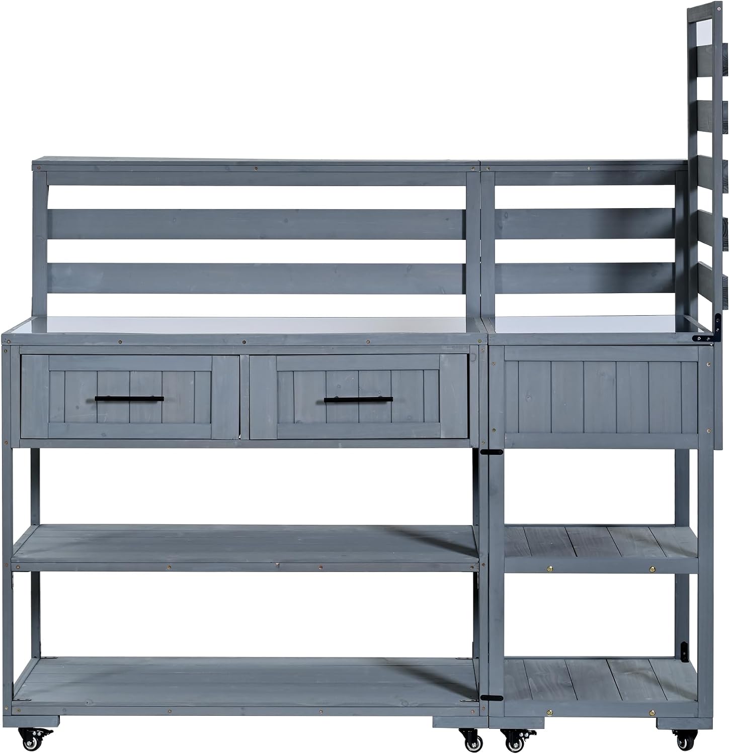 62.3'' Patio Kitchen Island, Solid Wood Kitchen Cart with Stainless Table Top, Garden Potting Bench with Raised Shelf and Drawers, Grill Prep Table for BBQ, Party (Gray-62.3'')
