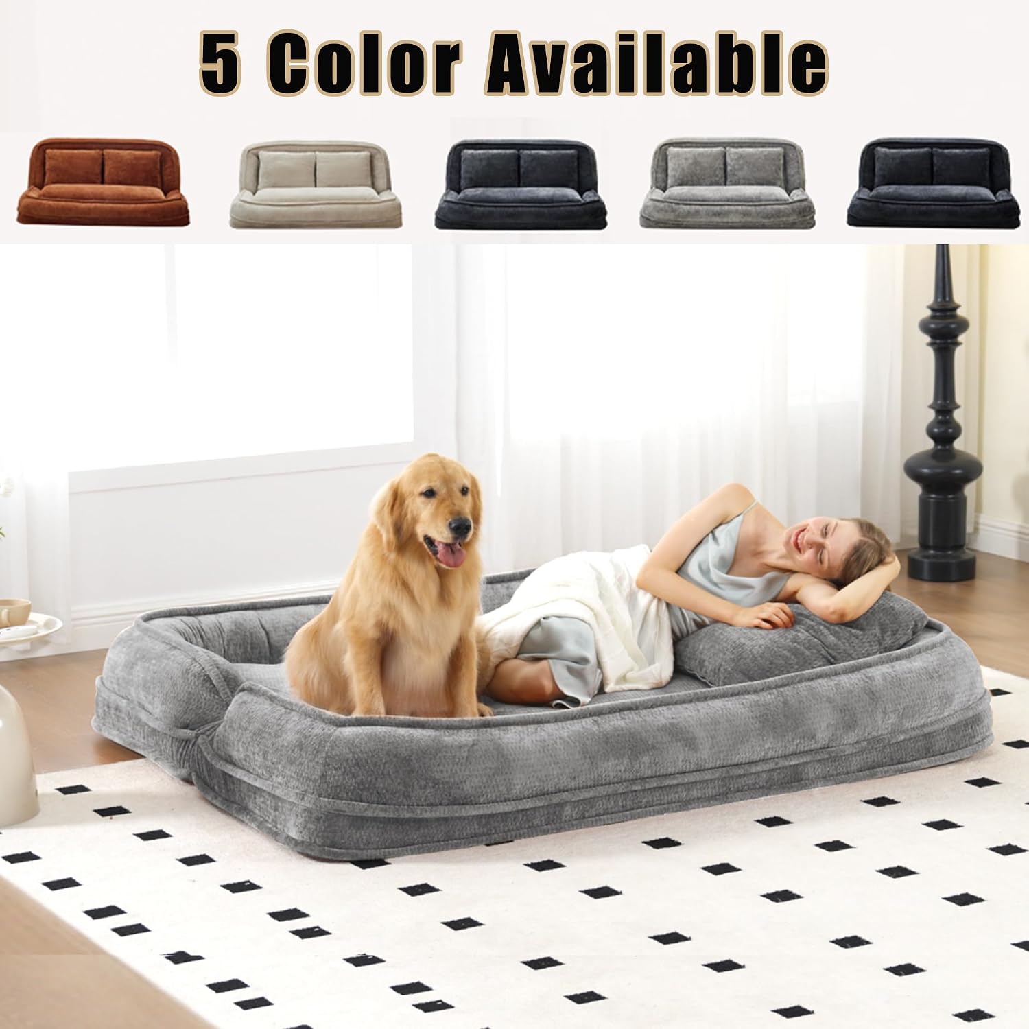 Floor Chair with Back Support, Human Dog Bed, Folding Loveseat with 5 Adjustable Position, 2 Pillows, Chenille Meditation Gaming Chair for Lazy Boys, Living Room, Lounge, Bedroom, Light Grey