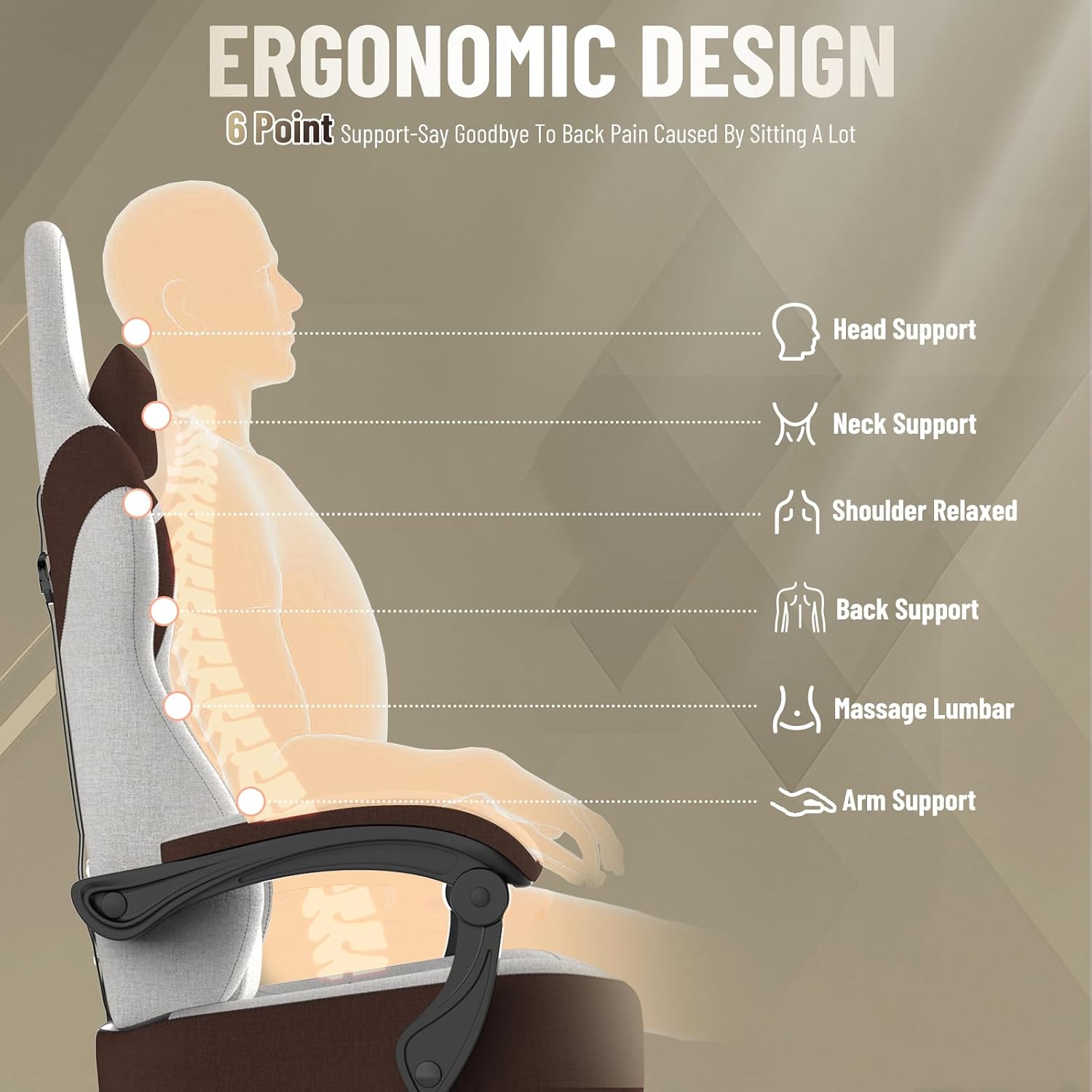 Ferghana Cotton Fabric Gaming Chair with Wider Seat Cushion, Shield-Shaped Embroidery Ergonomic High Back Game Chair with Footrest, Computer Chair with Massage Lumbar Support for Adult, Brown
