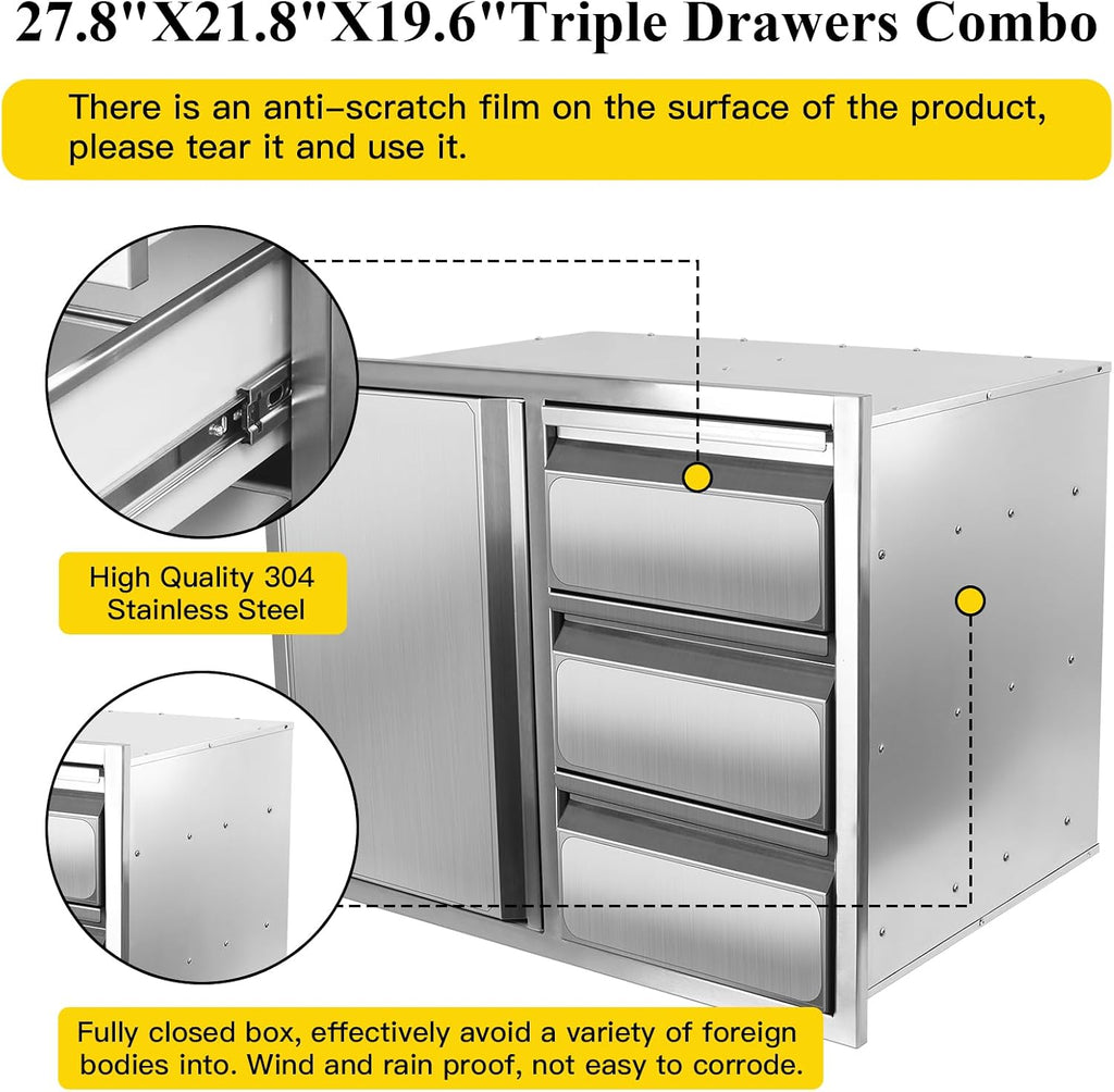 Outdoor Kitchen Drawer Combo, Stainless Steel Sealed Storage Combo with Triple Drawer, Outdoor Kitchen for BBQ Island, Grilling Station, Outside Cabinet (27.8' W x 21.8' D x 19.6' H)（Right Drawer）