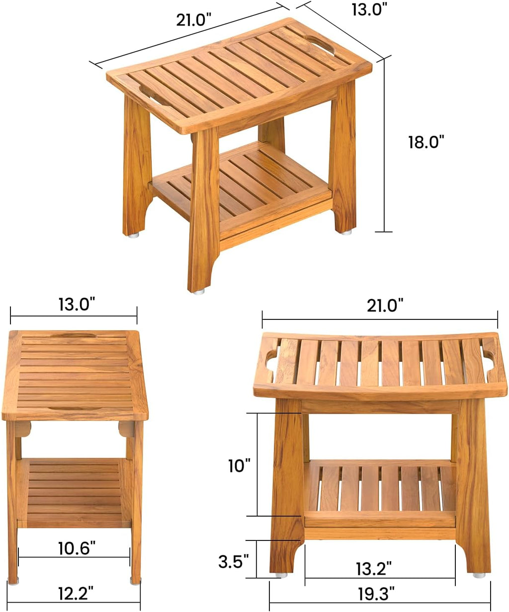 21' Standard Teak Shower Bench with Shelf & Handle - Waterproof, Non-Slip Bath Stool, 300 lbs Capacity - Fits Standard Tubs/Showers & Outdoor Use (Patented)