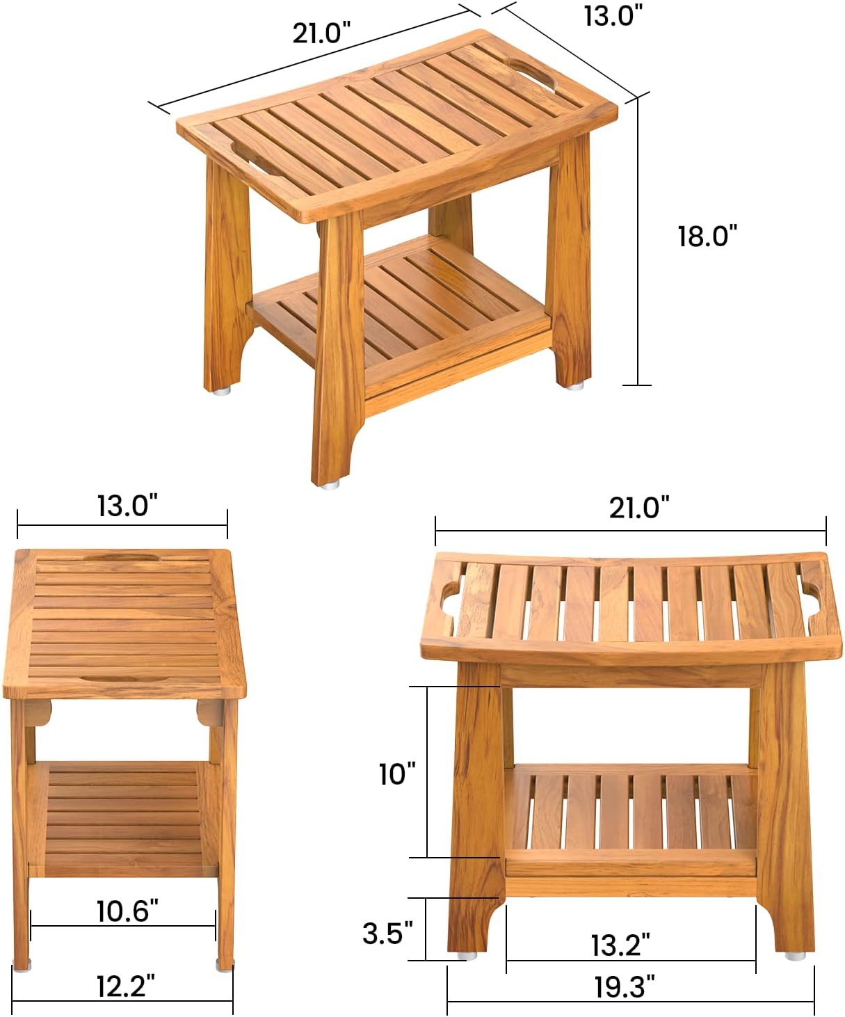 21' Standard Teak Shower Bench with Shelf & Handle - Waterproof, Non-Slip Bath Stool, 300 lbs Capacity - Fits Standard Tubs/Showers & Outdoor Use (Patented)