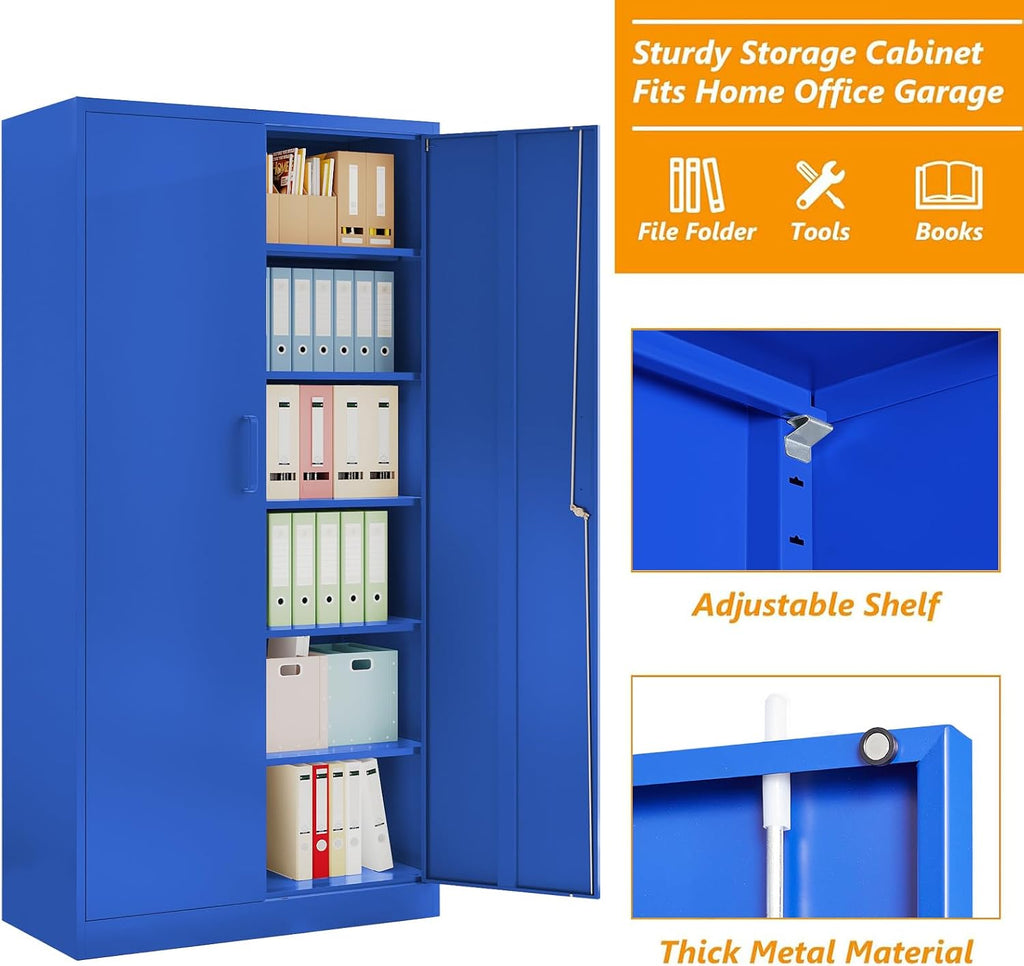 STANI Metal Garage Storage Cabinet with Lock, 71' Steel Lockable File Cabinet, Locking Steel Storage Cabinet with 5 Adjustable Shelves for Home, Office, Garage, Warehouse (Blue, 2 Door - 71' H)