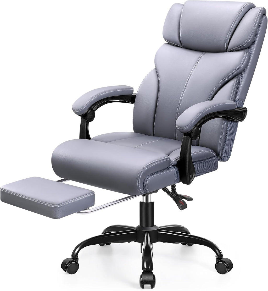 HeroSet Big and Tall Office Chair with Foot Rest, 400lbs Ergonomic Reclining High Back Executive Leather Chair, Lumbar Support Swivel Computer Desk Chairs for Heavy People Home Office Gaming(Gray)