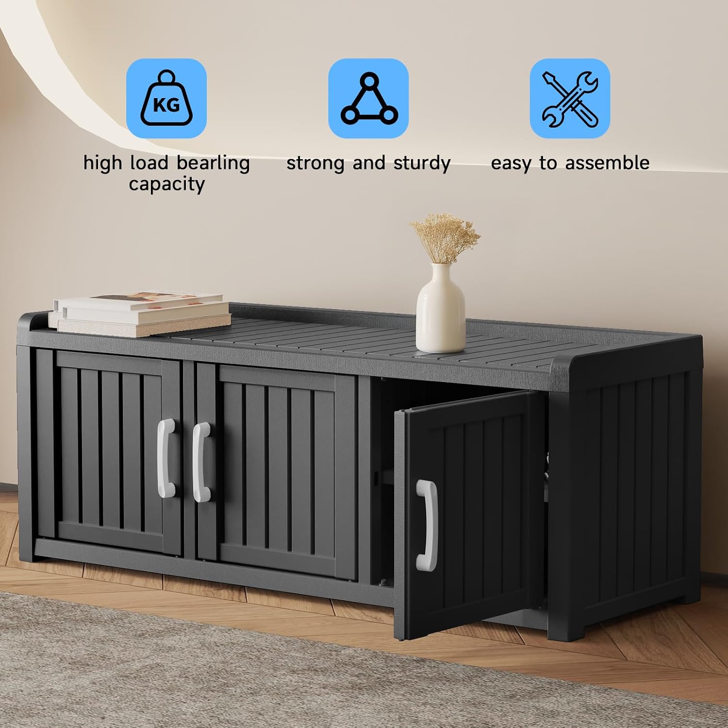 Trygoal3 Doors Shoe Bench, Waterproof & UV-Resistant, Resin Shoe Cabinet Indoor & Outdoor Use, Entryway Bench with Adjustable Shelves & Hidden Storage Space for Bedroom, Hallway, Grey