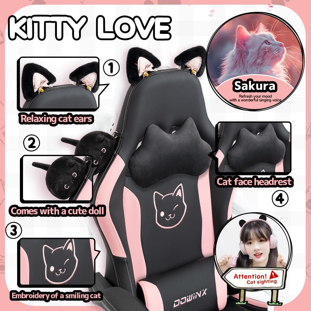 Dowinx 5TE5 Gaming Chair Cute with Cat Ears and Massage Lumbar Support, Ergonomic Computer Chair Footrest and Headrest, Comfortable Reclining Game Chair 290lbs for Adult, Teen, Pink