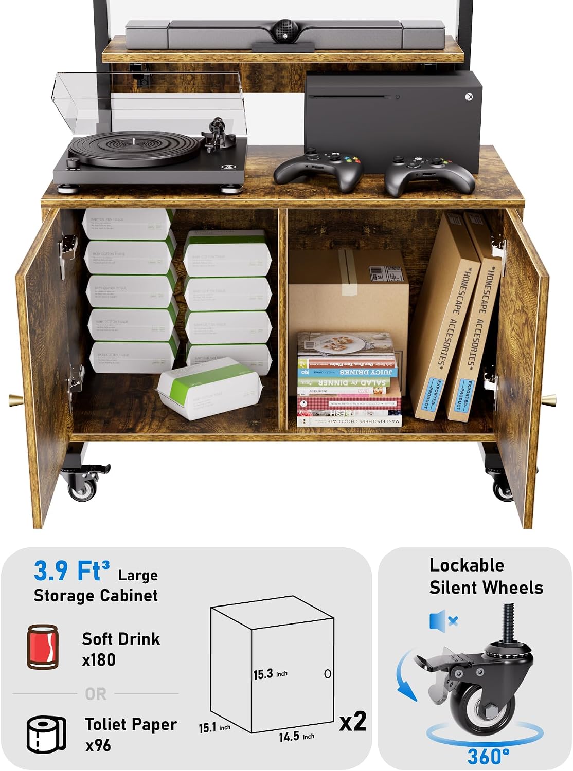 Entertainment Center with TV Mount,Rolling TV Stand with Storage Cabinet for 32-75in Screen,TV Floor Stand on Wheels with Foldable Table,Height Adjustable Mobile TV Stand for Outdoor and Living Room