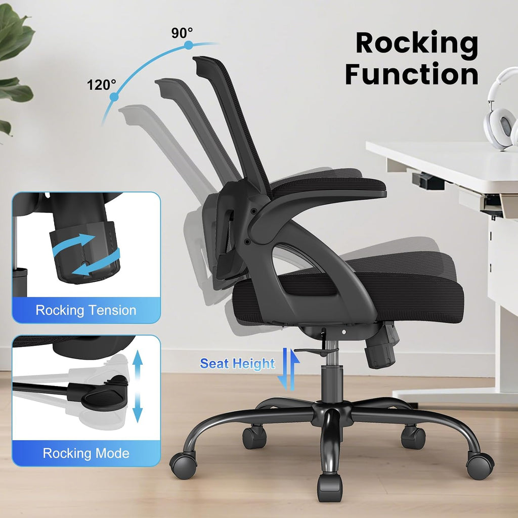 AnyGod Big and Tall Office Chair, Ergonomic Desk Chair Mesh Mid Back with Comfy Lumbar Support Swivel Task Executive Chairs with Wheels, Flip up Arms for Home, Office, Study