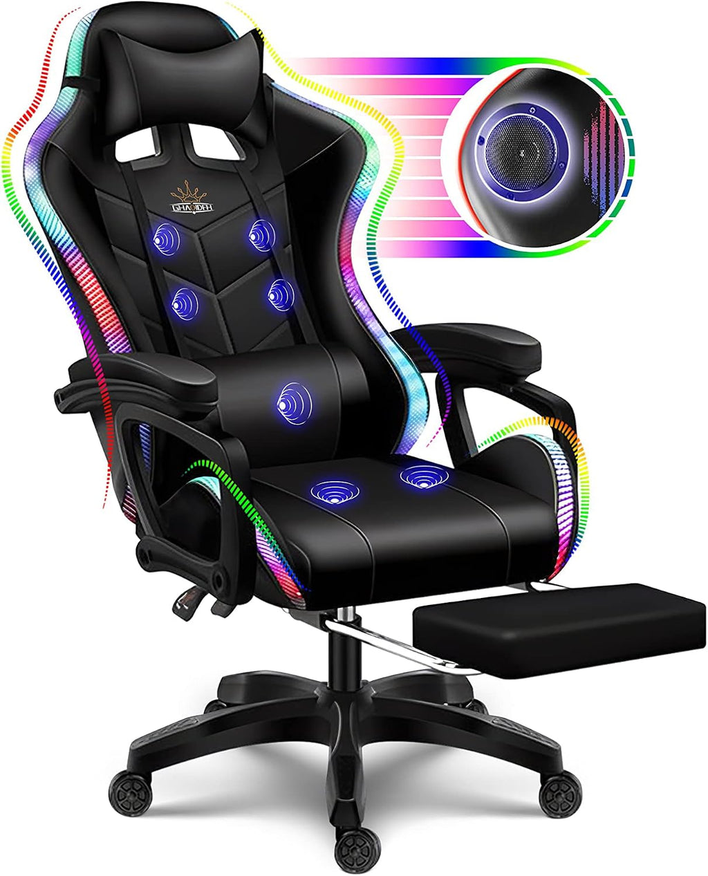LED Gaming Chair with Speakers, Seven-points Massage Computer Chair with Footrest,Ergonomic Racing Office Chair PU Leather Recliner 360°Swivel Gamer Chair with Lumbar Support Headrest Armrest,Black