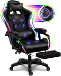 LED Gaming Chair with Speakers, Seven-points Massage Computer Chair with Footrest,Ergonomic Racing Office Chair PU Leather Recliner 360°Swivel Gamer Chair with Lumbar Support Headrest Armrest,Black