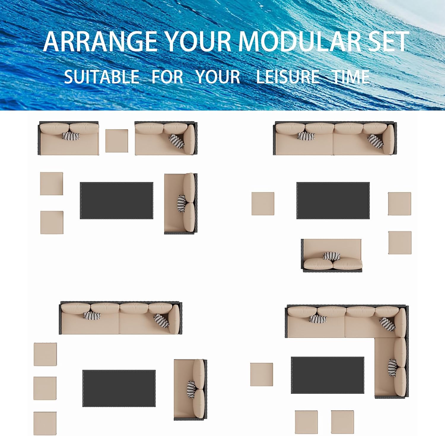 7-Piece Outdoor Patio Furniture Set, Wicker Sectional Sofa with Seat & Back Cushions & 3 Pillows, All-Weather Conversation Set with Long Glass Coffee Table for Garden, Porch, Lawn, Khaki