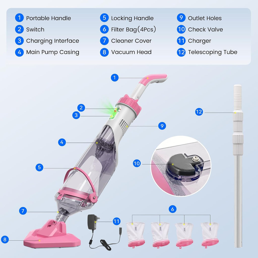 Enhulk Pool Vacuum for Above Ground Pool with a Telescopic Pole, Running time up to 1H, Handheld Rechargeable Pool Cleaner with Powerful Suction up to 18.5 GPM, Ideal for Leaves & Debris, PC10 Pro