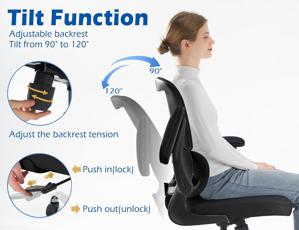 TRALT Ergonomic Office Chair - Desk Chair with Adjustable Lumbar Support Computer Chair - Mesh Comfy Chair with Flip-up Armrests - Gaming Chairs for Adults Home Office (Leather, Black)
