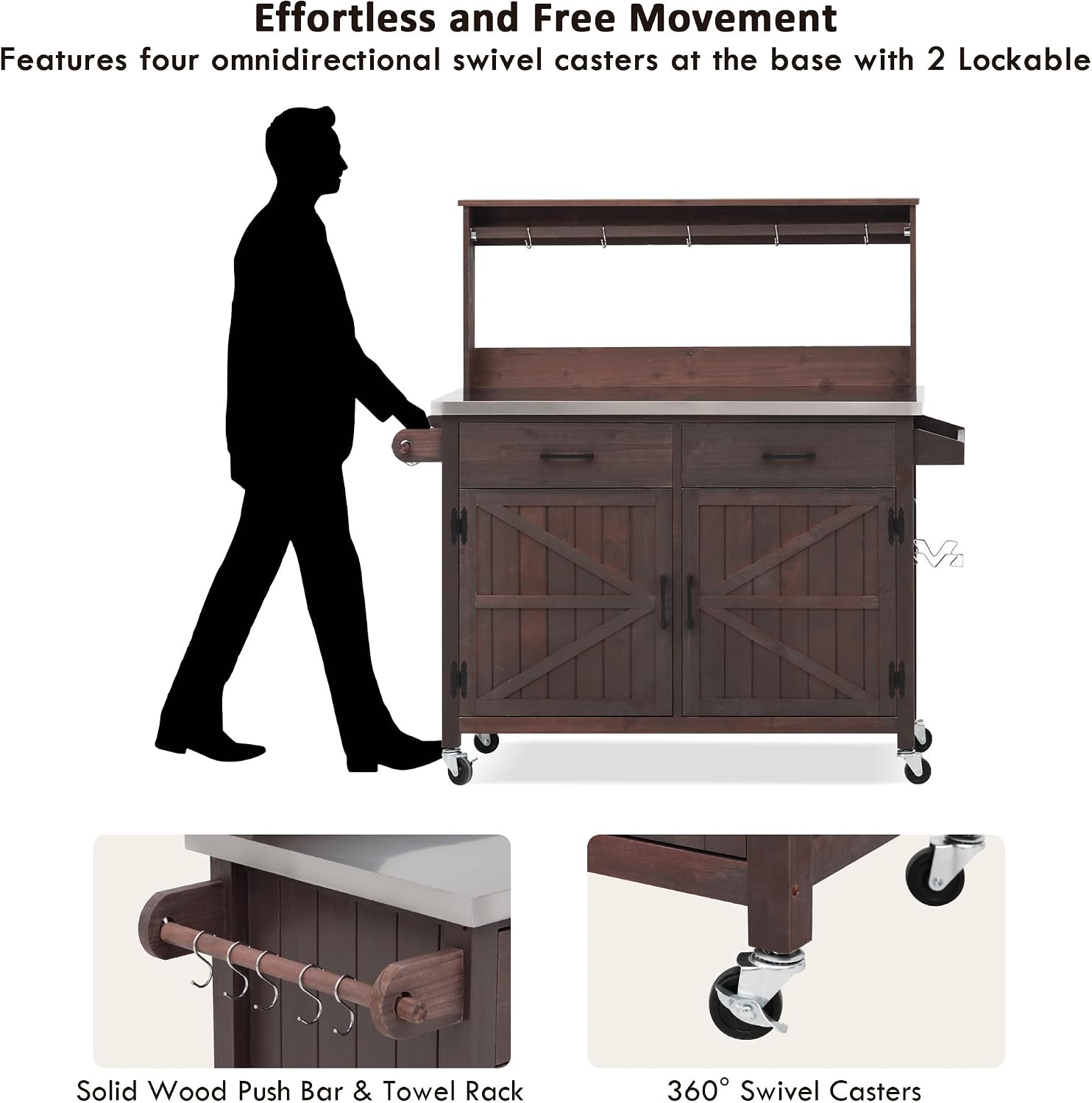 LUMISOL Outdoor Grill Cart with Stainless Steel Top, Solid Wood Kitchen Island with Lockable Wheels & High Shelf, Large Outdoor Potting Bench Table with Storage Cabinet & Towel Rack, Brown