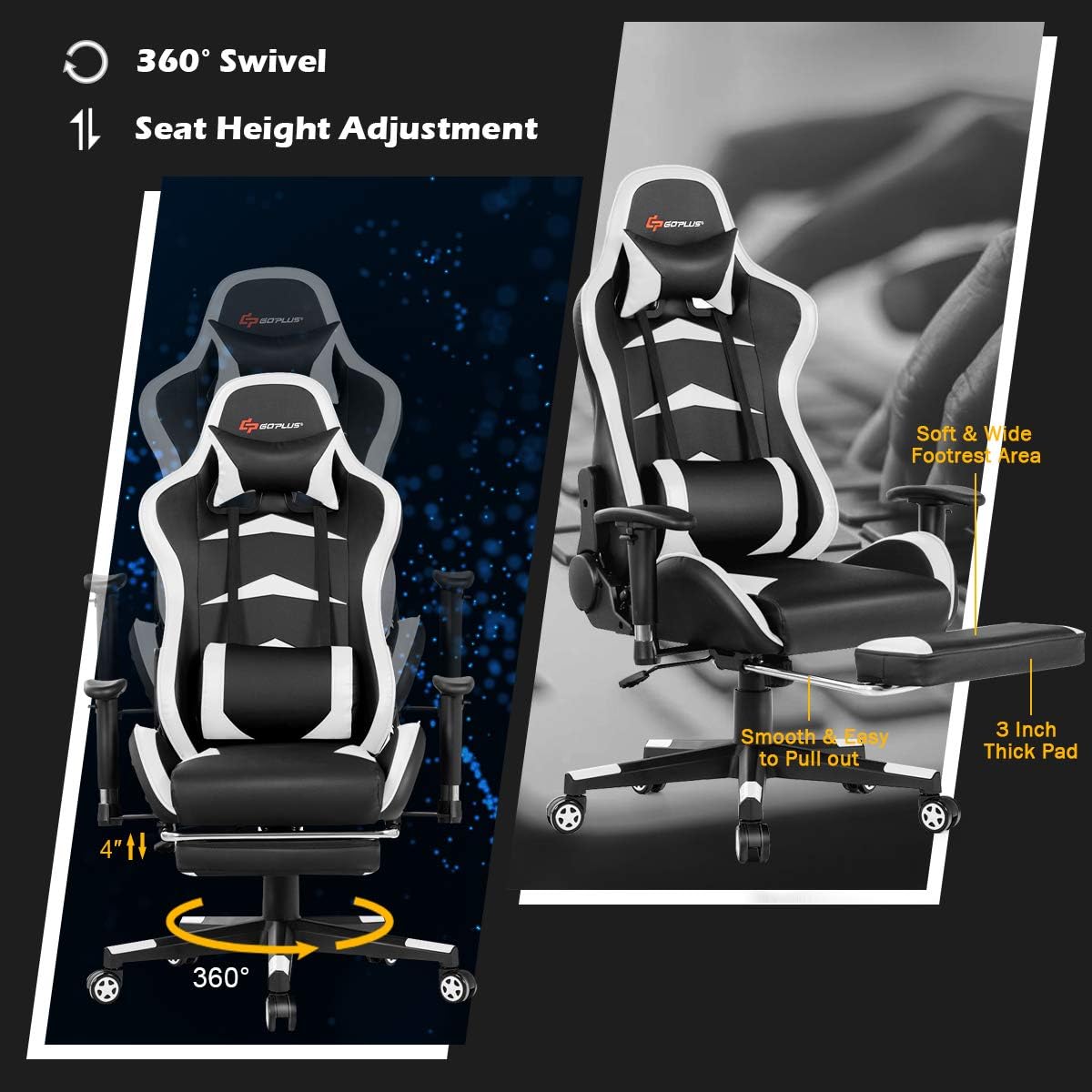 Goplus Massage Gaming Chair, Reclining Backrest, Handrails and Seat Height Adjustment Racing Computer Office Chair, High Back Ergonomic PU Leather Swivel PC Game Chair with Footrest