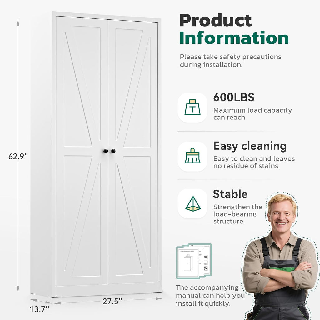 Greenvelly Metal Cabinet, 63' H White Metal Storage Cabinet with Doors and 4 Shelves, Pantry Storage Cabinet for Kitchen, Bedroom, Living Room, Office (Farmhouse)