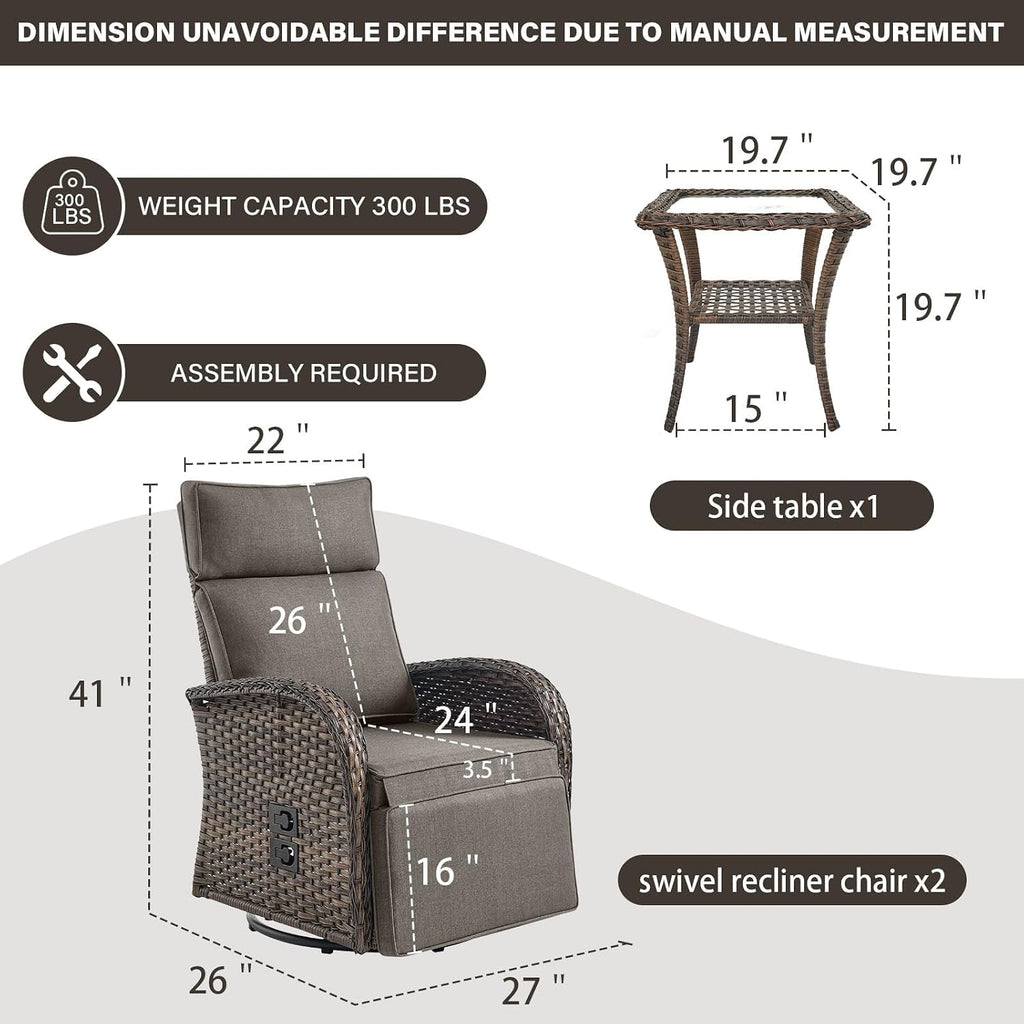 Dual-Adjust Swivel Outdoor Recliner Chair Set of 3 - Reclining Patio Chair with Adjustable Backrest and Footrest, All-Weather Wicker Chaise Lounge Outdoor with Side Table for Pool Deck Brown Grey