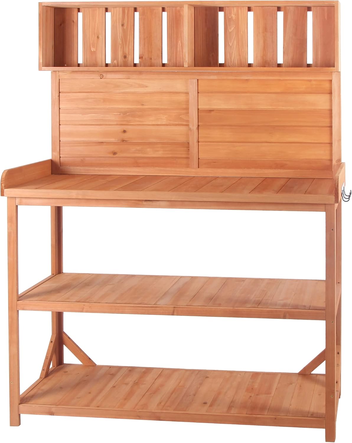 Potting Bench Table with 4 Storage Shelves and Side Hook, Polibi 65' Large Wooden Farmhouse Rustic Outdoor Patio Workstation, Garden Potting Bench with Splash Plate