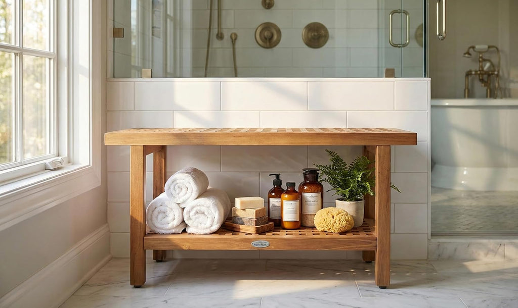 AquaTeak The Original 36' Grate Teak Shower Bench with Shelf - A. Bench
