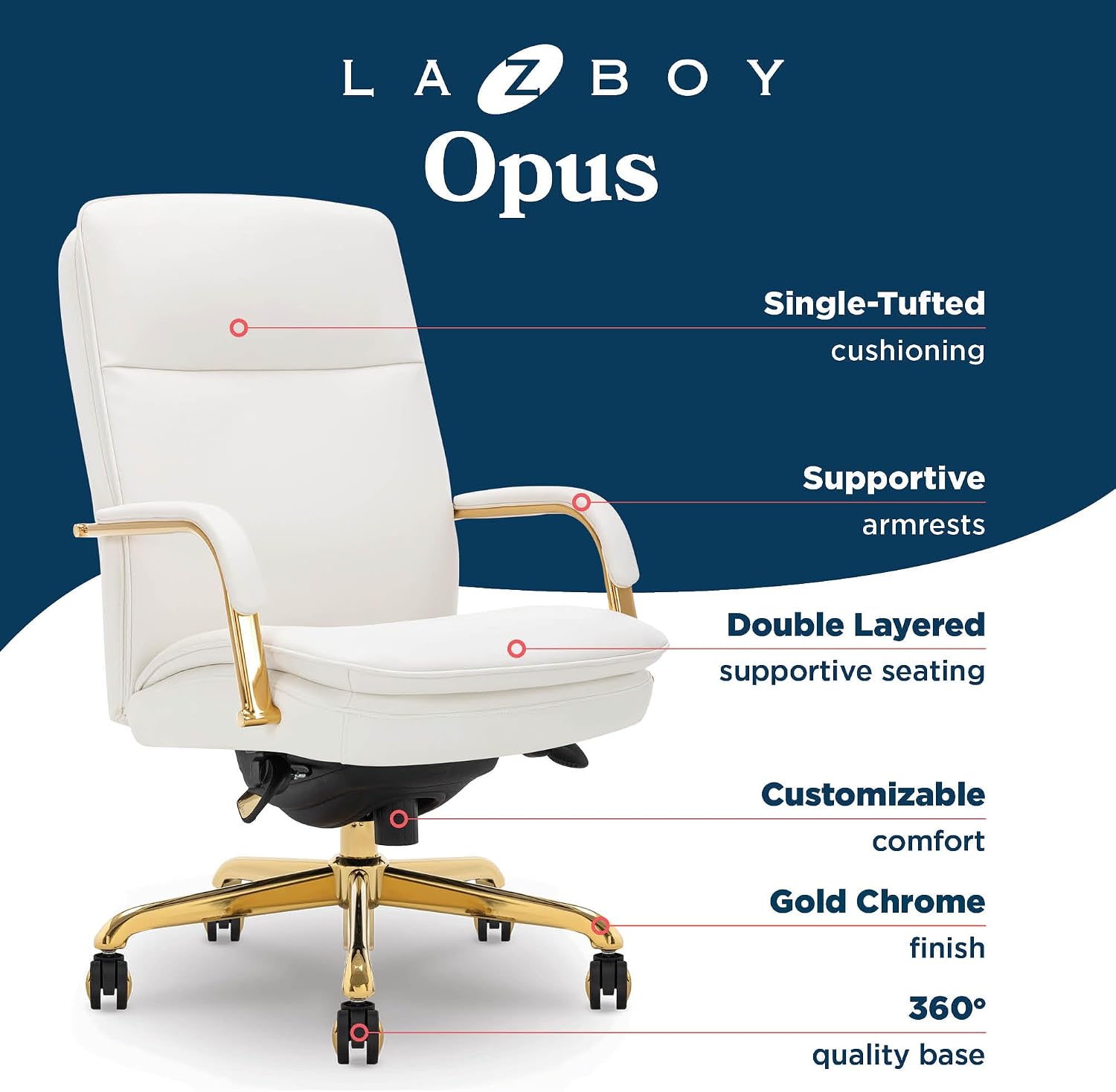 La-Z-Boy Opus Ergonomic Bonded Leather Swivel Executive Chair, White and Gold (CCHR10015A)