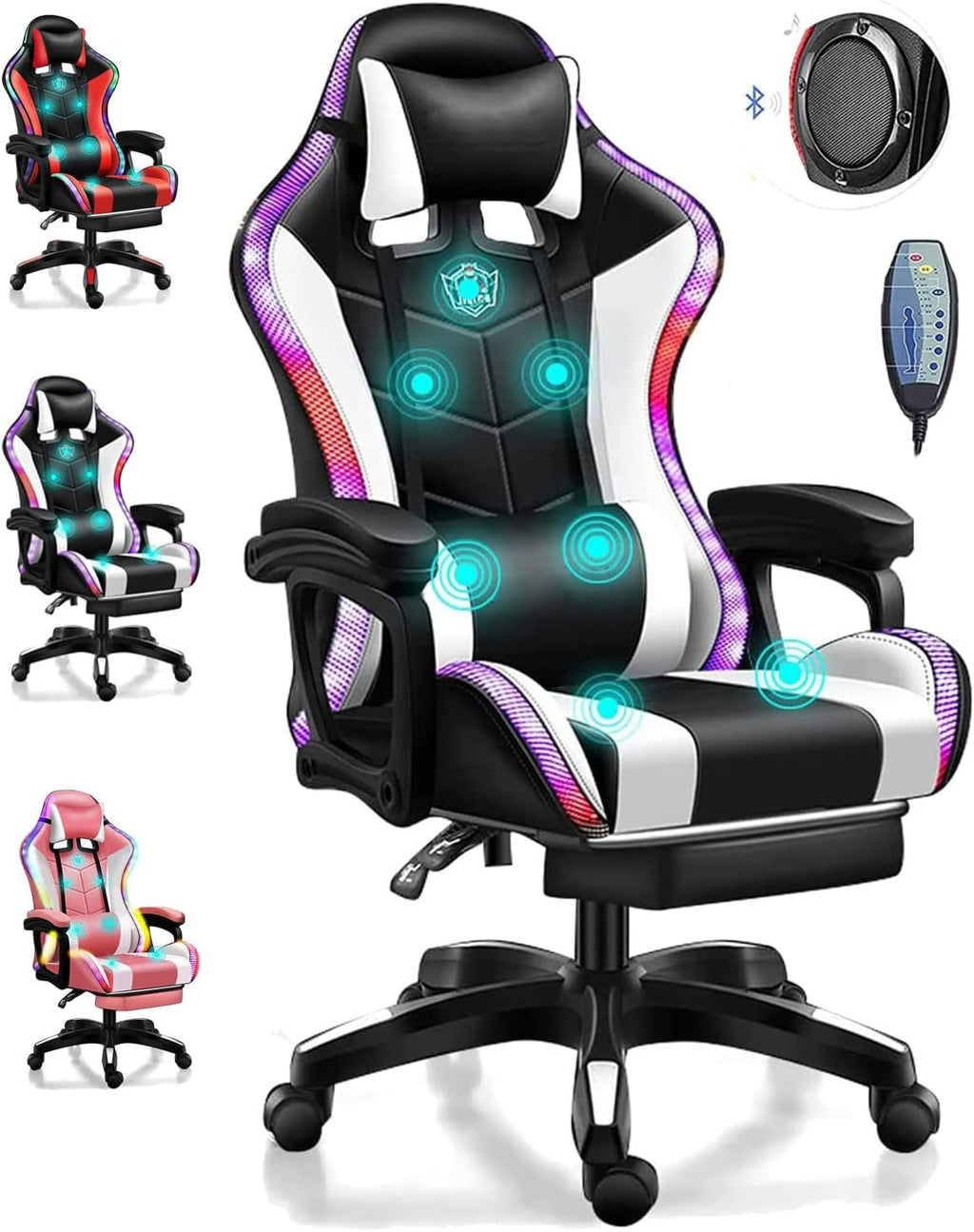 Ergonomic Pro Gaming Chair with Full Massage Lumbar Support, Bluetooth Speakers, Adjustable Backrest - White