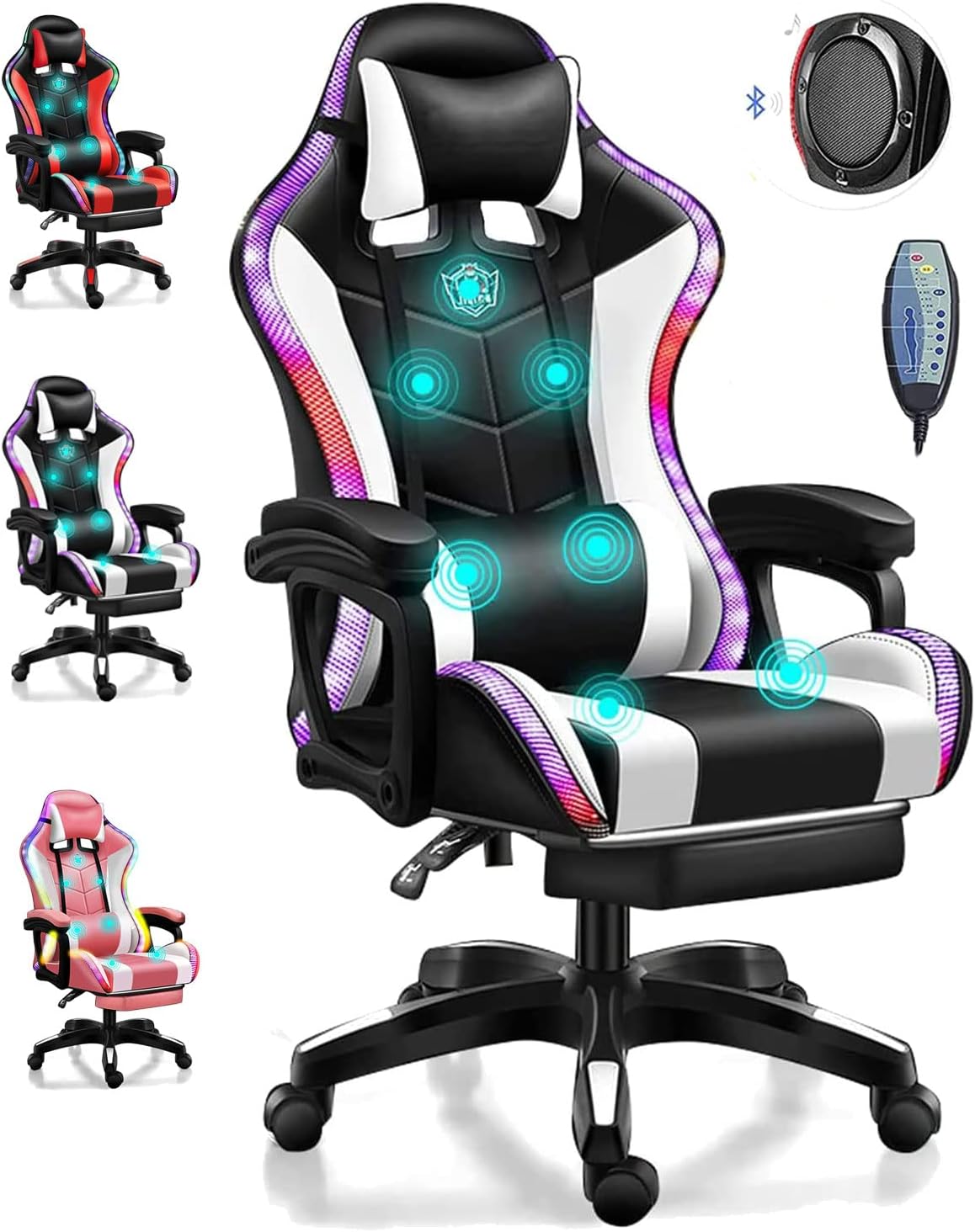 Ergonomic Pro Gaming Chair with Full Massage Lumbar Support, Bluetooth Speakers, Adjustable Backrest - White