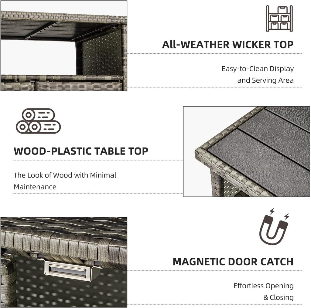 Outdoor Storage Cabinet on Wheels, Outdoor Bar Table with Rounded Handle, Rolling Wicker Storage Cabinet for Backyard,Poolside,Garden, Grey