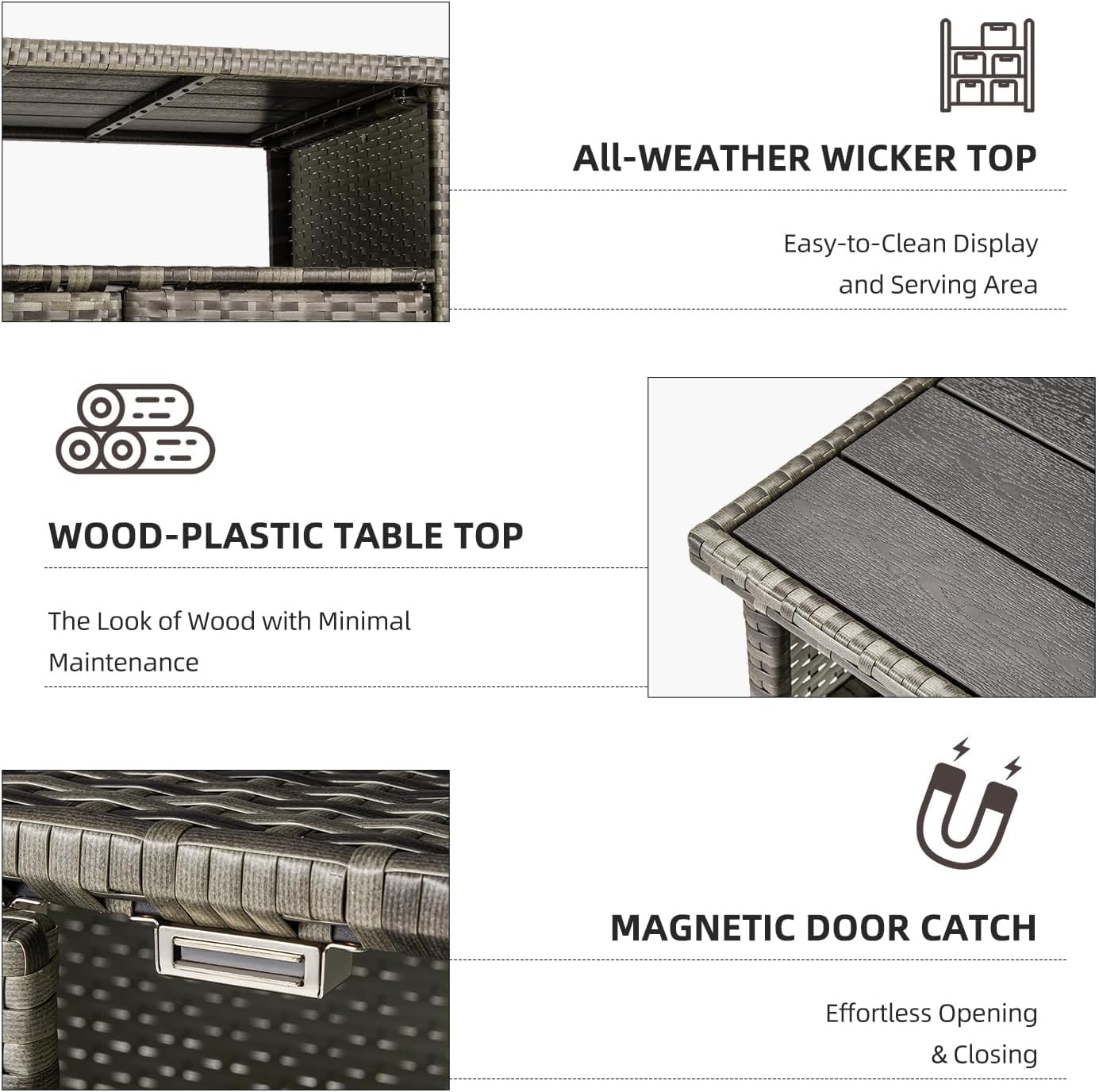 Outdoor Storage Cabinet on Wheels, Outdoor Bar Table with Rounded Handle, Rolling Wicker Storage Cabinet for Backyard,Poolside,Garden, Grey
