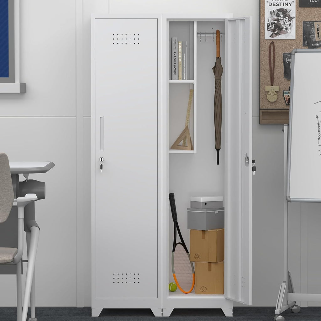 GREATMEET Slim Broom Storage Cabinets, Metal Garage Cabinet with Shelves and Hanging Rod, White Utility Cabinet with Locking Door, Slim Cabinet for Small Spaces Cleaning Supplies, Shop